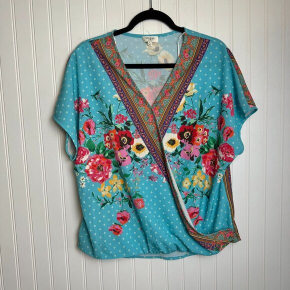 Umgee Teal Floral Wrap Style Blouse Short Sleeve, Loose Fit I34 - Picture 1 of 6